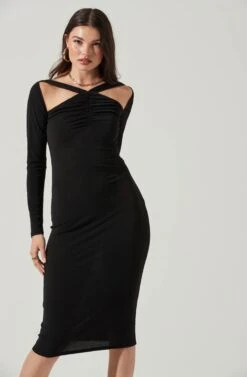 Long Sleeve Cinched Bust Cutout Midi Dress -Astr The Label Shop ADR101218 BLACK 0918