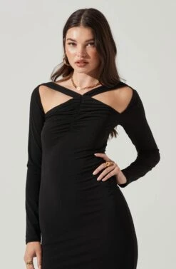 Long Sleeve Cinched Bust Cutout Midi Dress -Astr The Label Shop ADR101218 BLACK 0921
