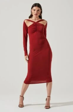 Long Sleeve Cinched Bust Cutout Midi Dress