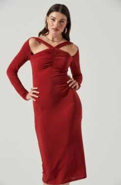 Long Sleeve Cinched Bust Cutout Midi Dress -Astr The Label Shop ADR101218 RUST 0983