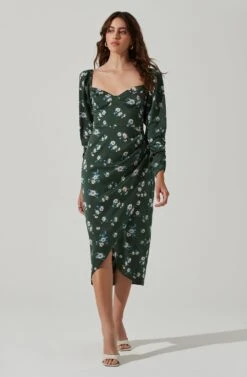 Floral Long Sleeve Milkmaid Satin Midi Dress -Astr The Label Shop ADR101479 GREENMULTIFLORAL 1