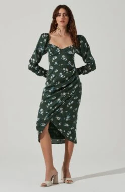 Floral Long Sleeve Milkmaid Satin Midi Dress -Astr The Label Shop ADR101479 GREENMULTIFLORAL 2