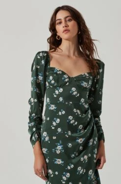 Floral Long Sleeve Milkmaid Satin Midi Dress -Astr The Label Shop ADR101479 GREENMULTIFLORAL 3