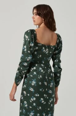 Floral Long Sleeve Milkmaid Satin Midi Dress -Astr The Label Shop ADR101479 GREENMULTIFLORAL 4