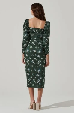 Floral Long Sleeve Milkmaid Satin Midi Dress -Astr The Label Shop ADR101479 GREENMULTIFLORAL 5
