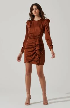 Long Sleeve Ruffle Front Mini Dress -Astr The Label Shop ADR101480 BROWN 1