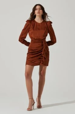 Long Sleeve Ruffle Front Mini Dress -Astr The Label Shop ADR101480 BROWN 2