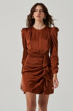 Long Sleeve Ruffle Front Mini Dress -Astr The Label Shop ADR101480 BROWN 4