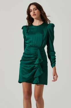 Long Sleeve Ruffle Front Mini Dress -Astr The Label Shop ADR101480 GREEN 3
