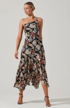 Emmylou Floral One Shoulder Midi Dress -Astr The Label Shop ADR101528 BLACKFLORAL 1