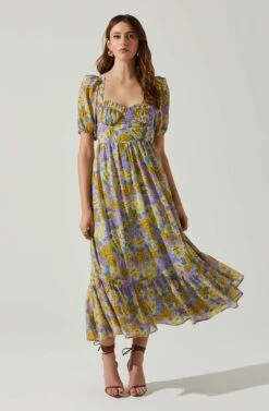 Floral Sweetheart Neck Midi Dress -Astr The Label Shop ADR101552 GOLDPURPLEFLORAL 1