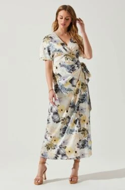 Floral Short Sleeve Wrap Front Maxi Dress -Astr The Label Shop ADR101628 CHARCOALTAUPEFL 2