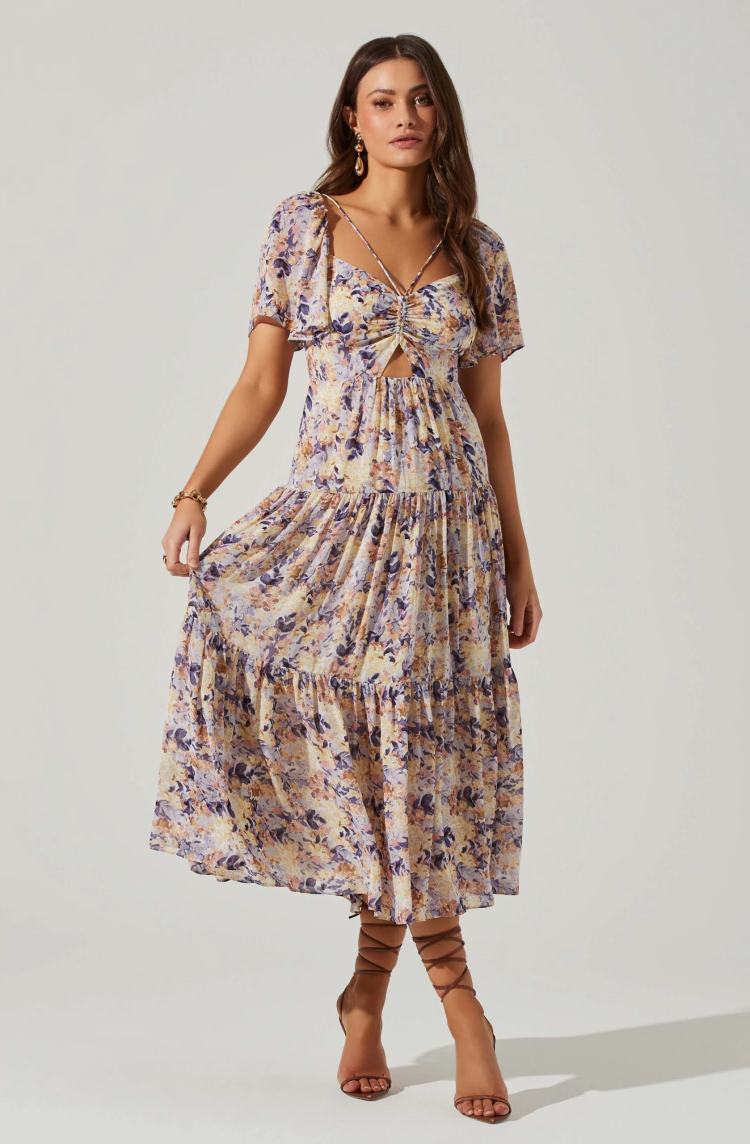 Floral Cinched Bust Cutout Center Midi Dress 3 Floral Cinched Bust Cutout Center Midi Dress