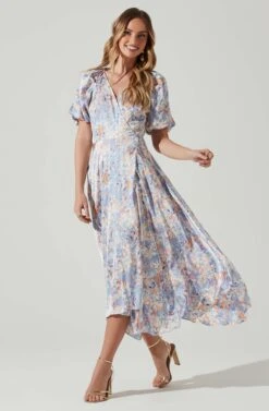 Satin Floral Bubble Sleeve Wrap Midi Dress 16 Satin Floral Bubble Sleeve Wrap Midi Dress -Astr The Label Shop ADR101664 BLUEMULTIFLORAL 1