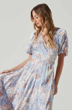 Satin Floral Bubble Sleeve Wrap Midi Dress 17 Satin Floral Bubble Sleeve Wrap Midi Dress -Astr The Label Shop ADR101664 BLUEMULTIFLORAL 3