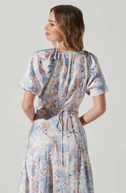 Satin Floral Bubble Sleeve Wrap Midi Dress 18 Satin Floral Bubble Sleeve Wrap Midi Dress -Astr The Label Shop ADR101664 BLUEMULTIFLORAL 5