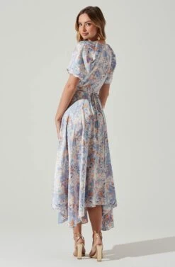 Satin Floral Bubble Sleeve Wrap Midi Dress 19 Satin Floral Bubble Sleeve Wrap Midi Dress -Astr The Label Shop ADR101664 BLUEMULTIFLORAL 6