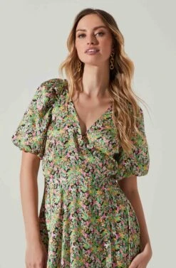 Satin Floral Bubble Sleeve Wrap Midi Dress 23 Satin Floral Bubble Sleeve Wrap Midi Dress -Astr The Label Shop ADR101664 PINKGREENMULTI 3