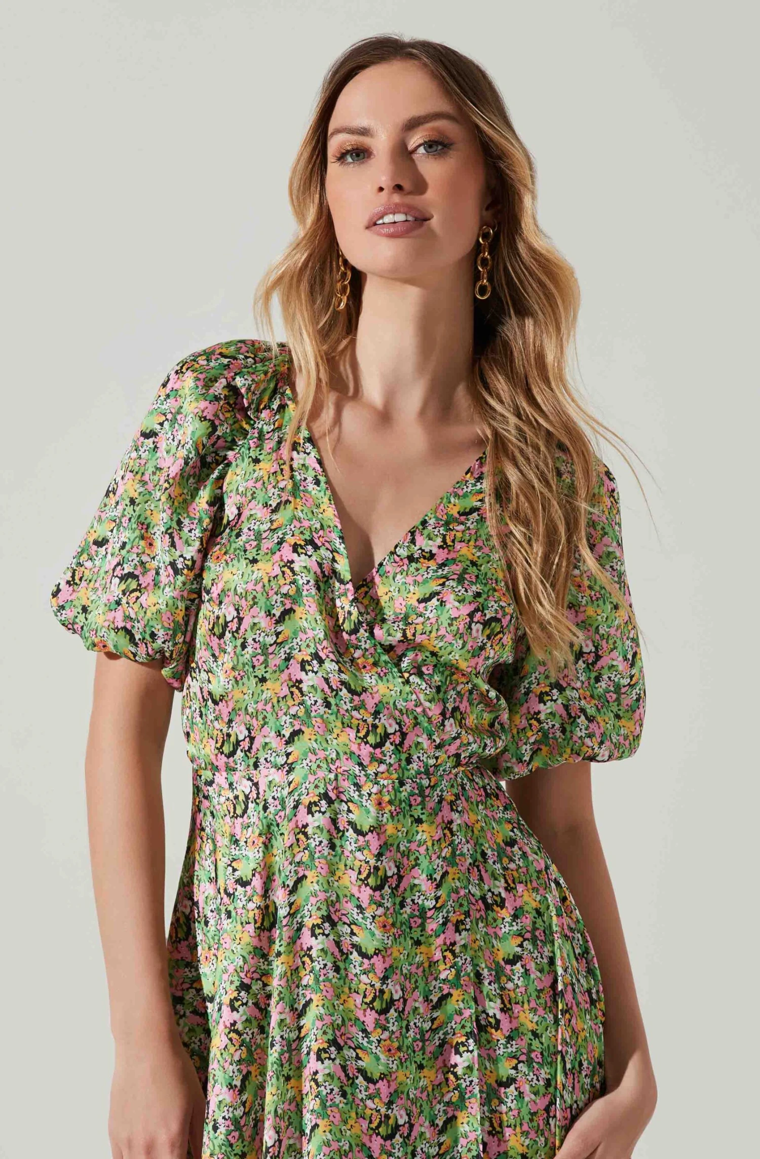 Satin Floral Bubble Sleeve Wrap Midi Dress 12 Satin Floral Bubble Sleeve Wrap Midi Dress - Image 10