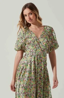 Satin Floral Bubble Sleeve Wrap Midi Dress 21 Satin Floral Bubble Sleeve Wrap Midi Dress -Astr The Label Shop ADR101664 PINKGREENMULTI 4