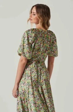 Satin Floral Bubble Sleeve Wrap Midi Dress 24 Satin Floral Bubble Sleeve Wrap Midi Dress -Astr The Label Shop ADR101664 PINKGREENMULTI 5