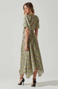 Satin Floral Bubble Sleeve Wrap Midi Dress 25 Satin Floral Bubble Sleeve Wrap Midi Dress -Astr The Label Shop ADR101664 PINKGREENMULTI 6