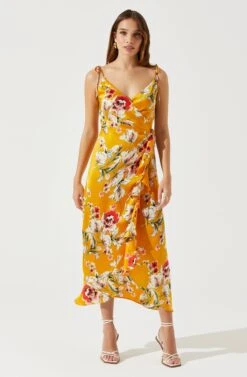 Satin Front Tie Wrap Floral Midi Dress 20 Satin Front Tie Wrap Floral Midi Dress -Astr The Label Shop ADR101683 YELLOWFLORAL 1