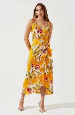 Satin Front Tie Wrap Floral Midi Dress 22 Satin Front Tie Wrap Floral Midi Dress -Astr The Label Shop ADR101683 YELLOWFLORAL 2