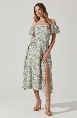 Off Shoulder Puff Sleeve Midi Dress -Astr The Label Shop ADR101706 PURPLEMULTIFLORAL 2