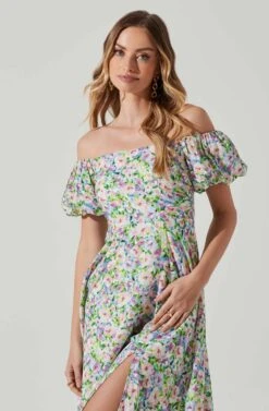 Off Shoulder Puff Sleeve Midi Dress -Astr The Label Shop ADR101706 PURPLEMULTIFLORAL 4