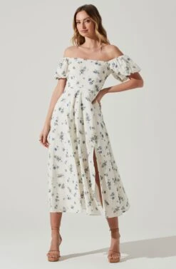 Off Shoulder Puff Sleeve Midi Dress -Astr The Label Shop ADR101706 WHITEBLUEFLORAL 1