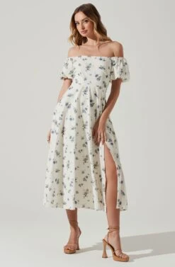 Off Shoulder Puff Sleeve Midi Dress -Astr The Label Shop ADR101706 WHITEBLUEFLORAL 2