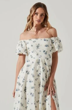 Off Shoulder Puff Sleeve Midi Dress -Astr The Label Shop ADR101706 WHITEBLUEFLORAL 3