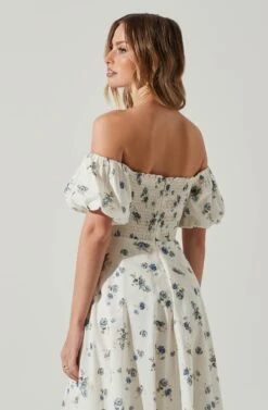 Off Shoulder Puff Sleeve Midi Dress -Astr The Label Shop ADR101706 WHITEBLUEFLORAL 5