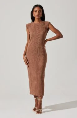 Plisse Straight Neck Midi Dress -Astr The Label Shop ADR101830 BROWN 1