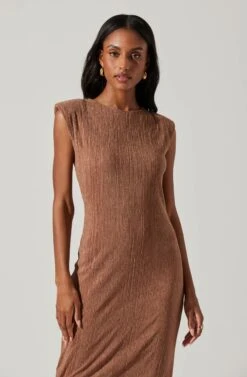 Plisse Straight Neck Midi Dress -Astr The Label Shop ADR101830 BROWN 2