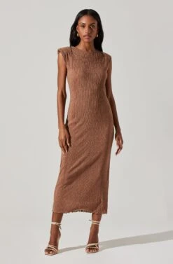 Plisse Straight Neck Midi Dress -Astr The Label Shop ADR101830 BROWN 3
