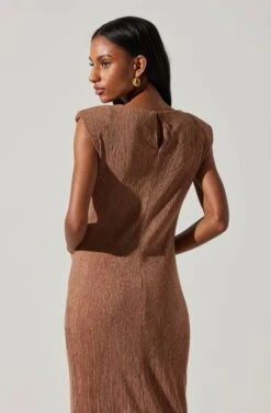 Plisse Straight Neck Midi Dress -Astr The Label Shop ADR101830 BROWN 5