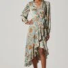 Floral Satin Wrap Long Sleeve Midi Dress