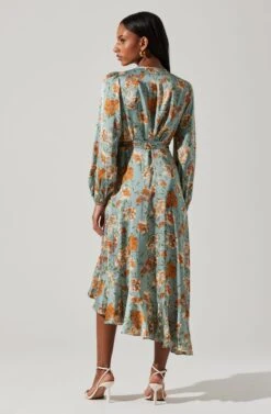Floral Satin Wrap Long Sleeve Midi Dress -Astr The Label Shop ADR101864 DUSTYBLUEMULTIFRL 6