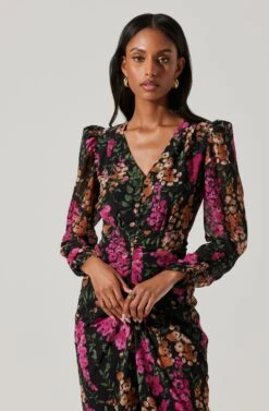 Floral Plunge Ruched Long Sleeve Midi Dress 11 Floral Plunge Ruched Long Sleeve Midi Dress -Astr The Label Shop ADR101911 MAGENTAMULTIFRL 2