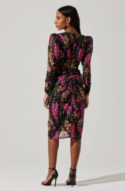 Floral Plunge Ruched Long Sleeve Midi Dress 13 Floral Plunge Ruched Long Sleeve Midi Dress -Astr The Label Shop ADR101911 MAGENTAMULTIFRL 6
