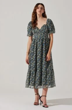 V-wire Sweetheart A-line Midi Dress -Astr The Label Shop ADR102048 BLUEMULTIFLORAL 1