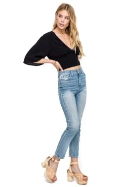 Flared Sleeve Banded Crop Top -Astr The Label Shop AT13720 BLACK 02