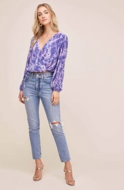 Pleated Surplice Long Sleeve Top -Astr The Label Shop AT15081B PINK PURPLE TIE DYE 2