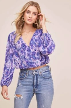 Pleated Surplice Long Sleeve Top -Astr The Label Shop AT15081B PINK PURPLE TIE DYE 3