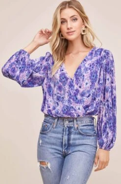 Pleated Surplice Long Sleeve Top -Astr The Label Shop AT15081B PINK PURPLE TIE DYE 4