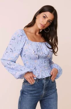 Long Sleeve Square Neck Floral Smocked Top