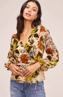 Velvet Burnout Wrap Top -Astr The Label Shop AT15439B CREAM ORANGE FLORAL 2