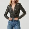Twist Front Deep V Metallic Bodysuit 2 Twist Front Deep V Metallic Bodysuit -Astr The Label Shop AT15619 BLACK GOLDFOIL 2